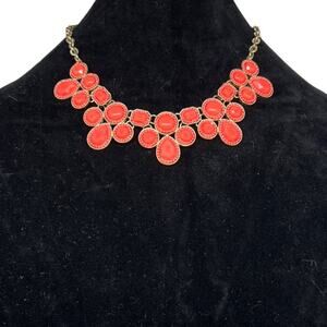 Coral Statement Bib Necklace Salmon Pink Cabochon Gems with Silver Chain Detail